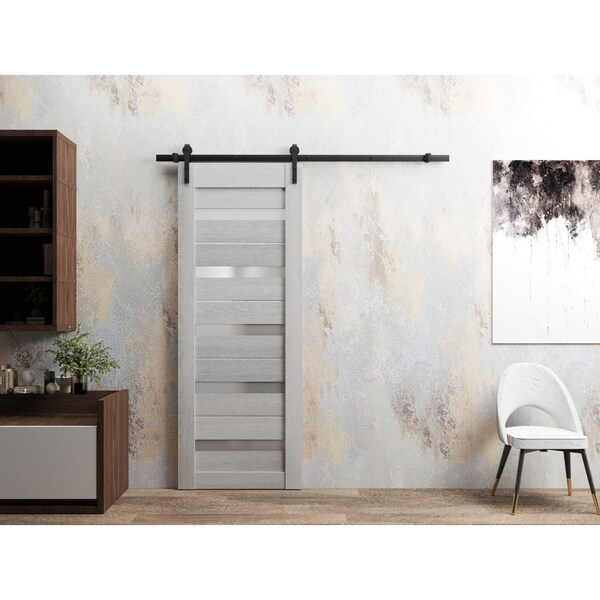 Sartodoors Sturdy Barn Door 30 x 96in, Light Grey Oak W/ Frosted Glass, 6.6FT Rail Hangers Heavy Hardware Set - QUADRO4445BD-B-OAK-3096