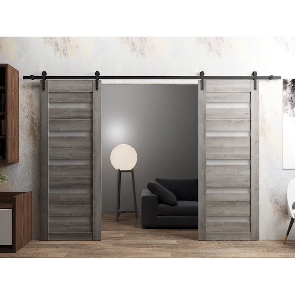 Sartodoors Sturdy Dbl Barn Door 64 x 96in, Nebraska Grey W/ Frosted Glass, 13FT Rail Hangers Heavy Set - QUADRO4445DB-NEB-6496