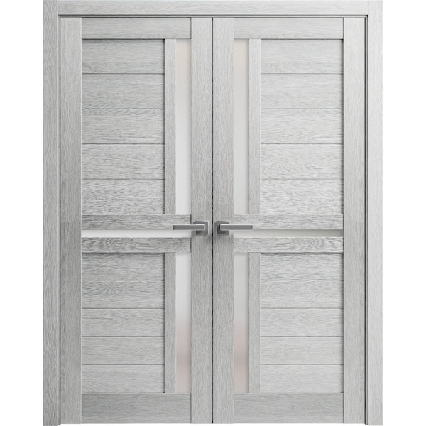 Sartodoors Sturdy Dbl Barn Door 64 x 96in, Nebraska Grey W/ Frosted Glass, 13FT Rail Hangers Heavy Set - QUADRO4445DB-NEB-6496