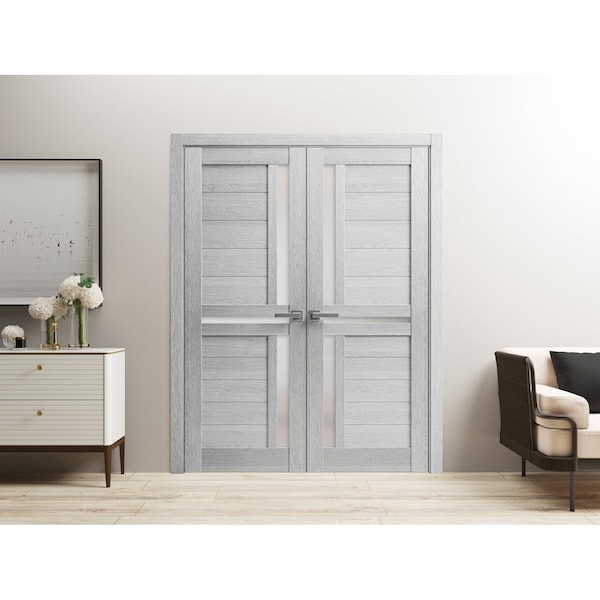 Sartodoors Solid French Double Doors 56 x 96in, Veregio 7288 Light Grey Oak W/ Frosted Glass - VEREGIO7288DD-OAK-5696
