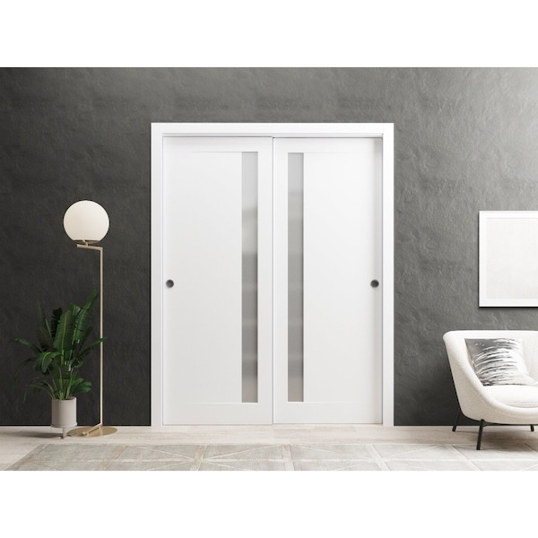 Sartodoors Sliding Closet Bypass Doors 48 x 96in, Planum 0660 Painted White W/ Frosted Glass, Sturdy Rails - PLANUM0660DBD-BEM-4896
