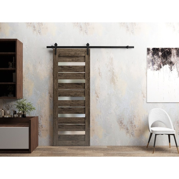 Sartodoors Sturdy Barn Door 24 x 96in, Cognac Oak W/ Frosted Glass, 6.6FT Rail Hangers Heavy Hardware Set - QUADRO4445BD-B-AKA-2496