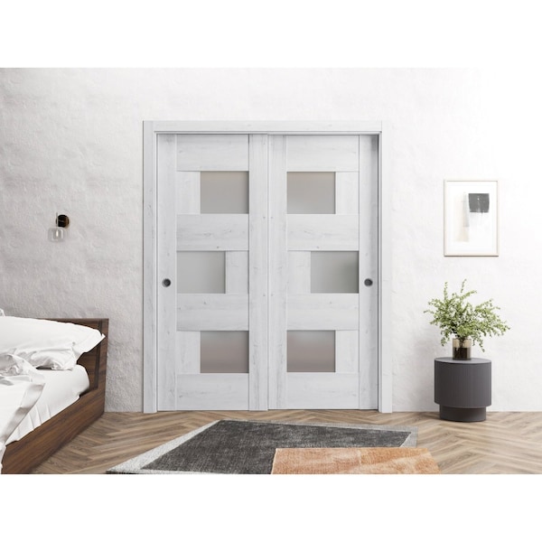 Sartodoors Sliding Closet Bypass Doors 48 x 84in, Sete 6933 Nordic White W/ Frosted Glass, Sturdy Rails - SETE6933DBD-NOR-4884
