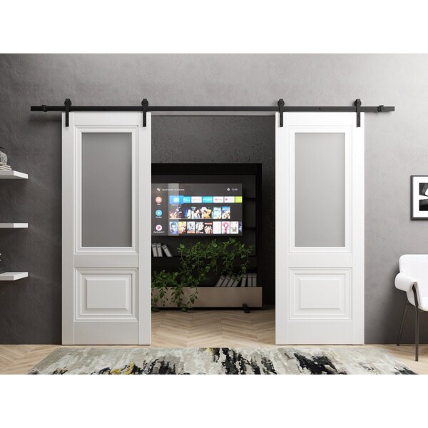 Sartodoors Sturdy Dbl Barn Door 60 x 80in W/, White Silk W/ Frosted Glass, 13FT Rail Hangers Heavy Set - LUCIA8822DB-WS-60
