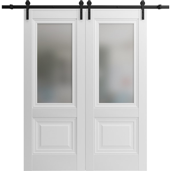 Sartodoors Sturdy Dbl Barn Door 60 x 80in W/, White Silk W/ Frosted Glass, 13FT Rail Hangers Heavy Set - LUCIA8822DB-WS-60