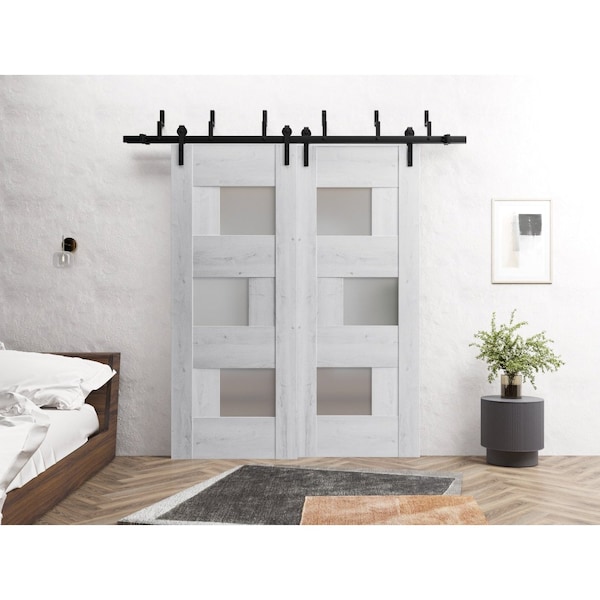 Sartodoors Slab Barn Door Panel 30 x 84in, Nordic White W/ Frosted Glass, Pocket Closet Sliding - SETE6933S-NOR-3084