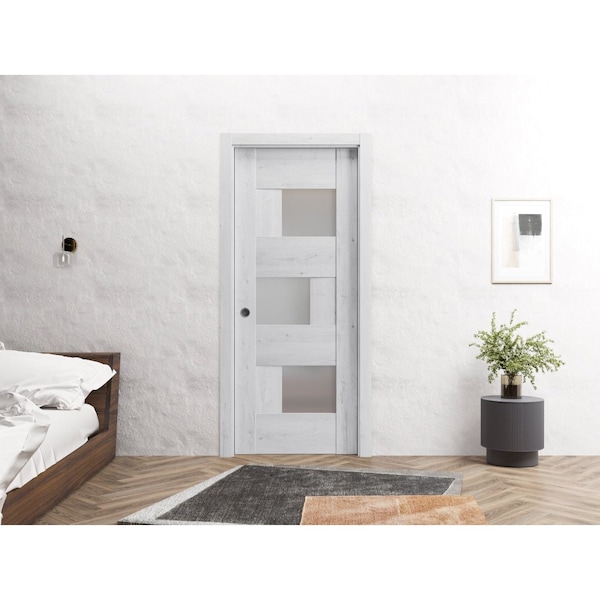 Sartodoors Slab Barn Door Panel 30 x 84in, Nordic White W/ Frosted Glass, Pocket Closet Sliding - SETE6933S-NOR-3084