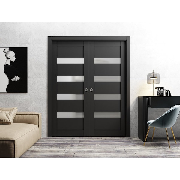 Sartodoors Sliding French Dbl Pocket Doors 60 x 80in, Matte Black Frosted Glass, Kit Trims Rail Hardware - QUADRO4113DP-BLK-60