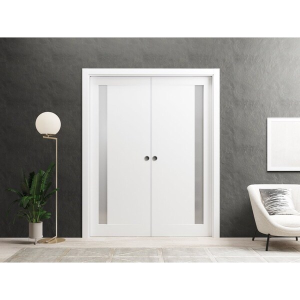 Sartodoors Sliding French Dbl Pocket Doors 84 x 80in, Painted White W/ Frosted Glass, Kit Trims Rail Hardware - PLANUM0660DP-BEM-84