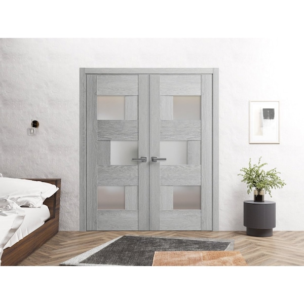 Sartodoors Solid French Double Doors 84 x 96in, Light Grey Oak W/ Frosted Glass, Closet Bedroom Sturdy Doors - SETE6933DD-OAK-8496