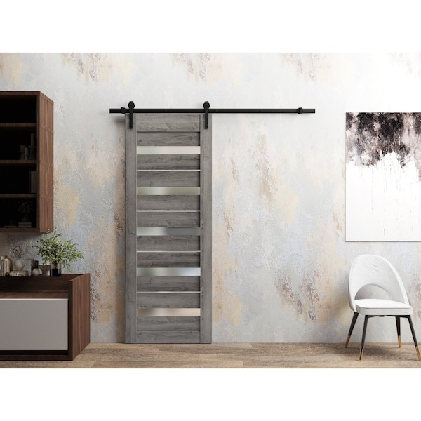 Sartodoors Sturdy Barn Door 18 x 84in, Nebraska Grey W/ Frosted Glass, 6.6FT Rail Hangers Heavy Hardware Set - QUADRO4445BD-B-NEB-1884