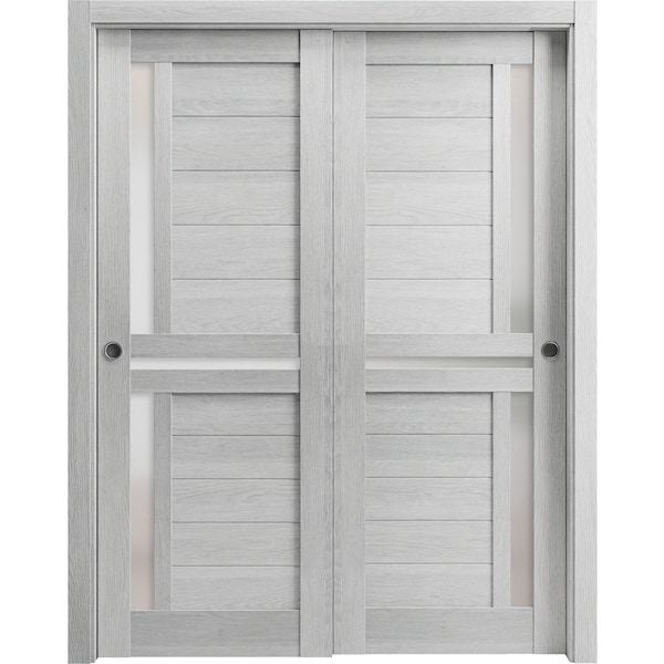 Sartodoors Sturdy Barn Door 18 x 84in, Nebraska Grey W/ Frosted Glass, 6.6FT Rail Hangers Heavy Hardware Set - QUADRO4445BD-B-NEB-1884