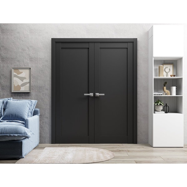 Sartodoors Solid French Double Doors 36 x 84in, Quadro 4111 Matte Black, Wood Solid Panel Frame Trims - QUADRO4111DD-BLK-3684