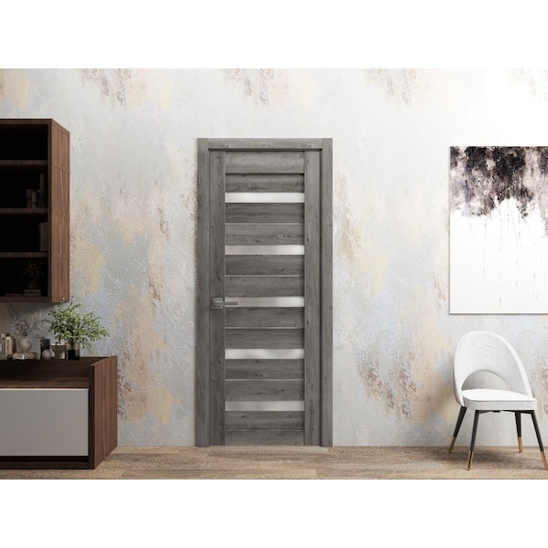 Sartodoors Solid French Door 36 x 96in, Quadro 4445 Nebraska Grey W/ Frosted Glass, Sgl Panel Frame Trim - QUADRO4445ID-NEB-3696