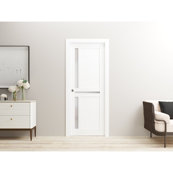 Sartodoors Sliding French Pocket Door 42 x 84in W/, White Silk W/ Frosted Glass, Kit Trims Rail Hardware - VEREGIO7288PD-WS-4284