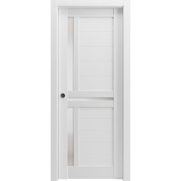 Sartodoors Sliding French Pocket Door 42 x 84in W/, White Silk W/ Frosted Glass, Kit Trims Rail Hardware - VEREGIO7288PD-WS-4284