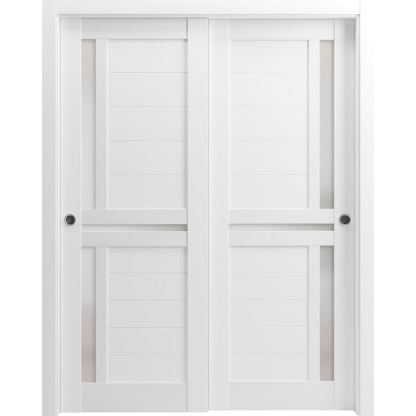 Sartodoors Sturdy Barn Door 30 x 84in, Nordic White W/ Frosted Glass, 6.6FT Rail Hangers Heavy Hardware Set - QUADRO4445BD-B-NOR-3084