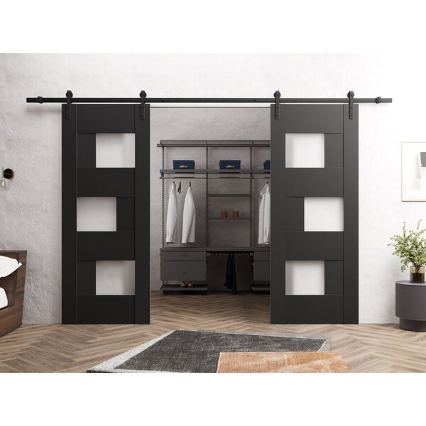 Sartodoors Sturdy Dbl Barn Door 36 x 96in, Sete 6933 Matte Black W/ Frosted Glass, 13FT Rail Hangers Heavy Set - SETE6933DB-BLK-3696