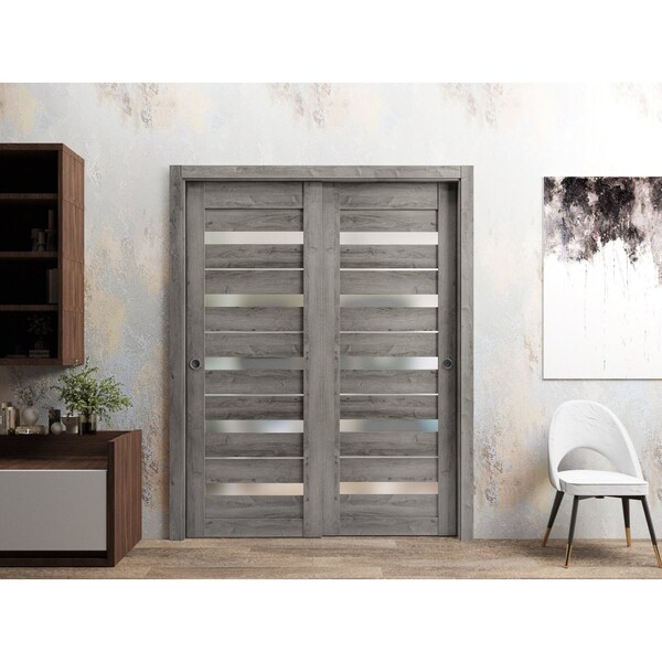Sartodoors Sliding Closet Bypass Doors 60 x 84in, Quadro 4445 Nebraska Grey W/ Frosted Glass, Sturdy Rails - QUADRO4445DBD-NEB-6084