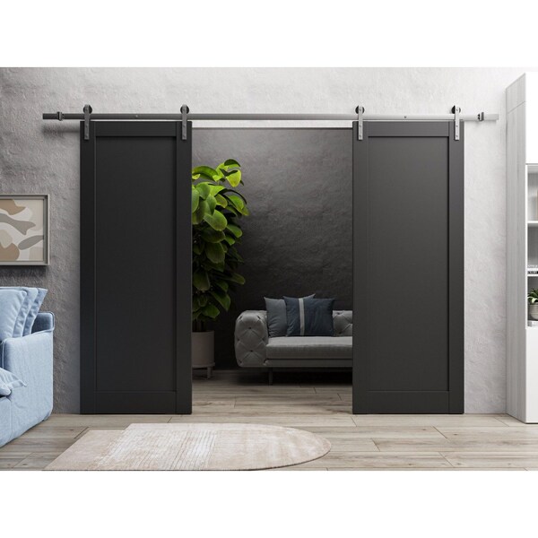 Sartodoors Sturdy Dbl Barn Door 64 x 80in, Quadro 4111 Matte Black, Stainless Steel 13FT Rail Hangers Heavy Set - QUADRO4111DB-S-BLK-64
