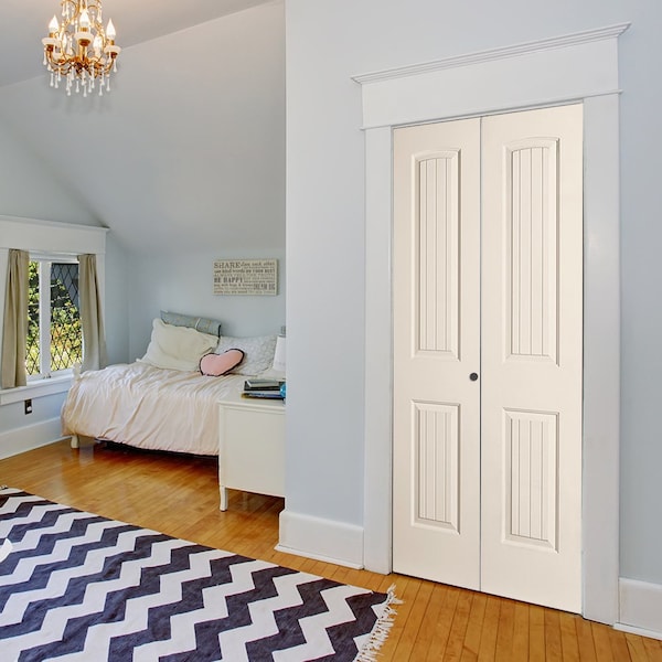 Codel Doors 36" x 80" Primed 2-Panel Arch Top V-Groove Santa Fe Molded Hollow Core Bifold Door and Hardware - 3068MHCSANBF