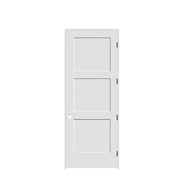 Codel Doors 36" x 96" x 1-3/8" Primed 3-Panel Equal Panel Interior Shaker 6-9/16" LH Prehung Door w/Black Hinges - 3080PRI8433LH1D6916