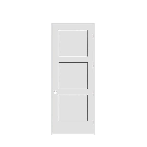 Codel Doors 36" x 96" x 1-3/8" Primed 3-Panel Equal Panel Interior Shaker 4-9/16" LH Prehung Door - 3080PRI8433LH26D4916