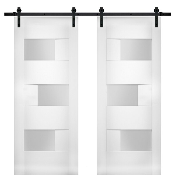 Vdomdoors Modern Double 56x84" with Opaque Glass / Sete 6933 White Silk / 13' Rail Track Set / Panel Interior - SETE6933DB-WS-5684