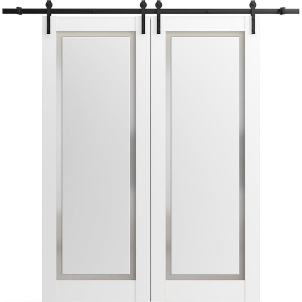 Sartodoors Sturdy Barn Door 42 x 80in, Sete 6933 Nebraska Grey W/ Frosted Glass, SS 8FT Rail Hangers Heavy Set - SETE6933BD-S-NEB-42