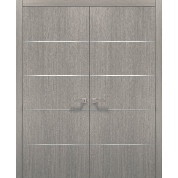 Sartodoors French Double  64x96 Hardware Planum 0020 Grey Oak Pre-hung Panel Frame Trims Bathroom - PLANUM20DD-SD-6496