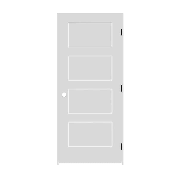 Codel Doors 30" x 80" x 1-3/8" Primed 4-Panel Equal Panel Interior Shaker 7-1/4" LH Prehung Door w/Black Hinges - 2668PRI8444LH1D714