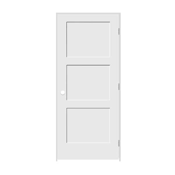 Codel Doors 28" x 84" x 1-3/8" Primed 3-Panel Equal Panel Interior Shaker 6-9/16" LH Prehung Door - 2470PRI8433LH26D6916