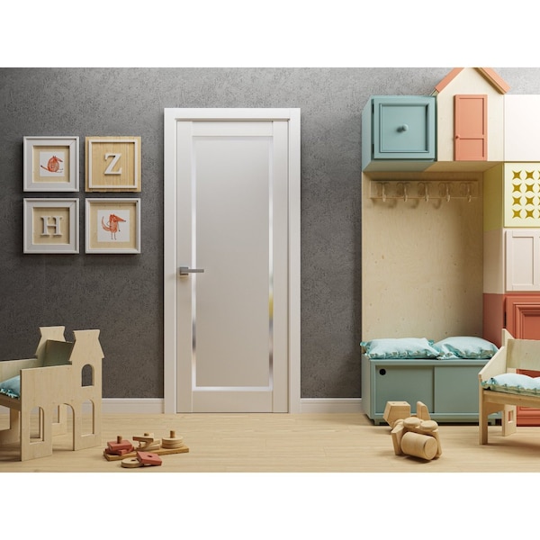 Sartodoors Solid French Door 32 x 80in, Planum 0888 Painted White W/ Frosted Glass, Sgl Panel Frame Trim - PLANUM0888ID-BEM-32
