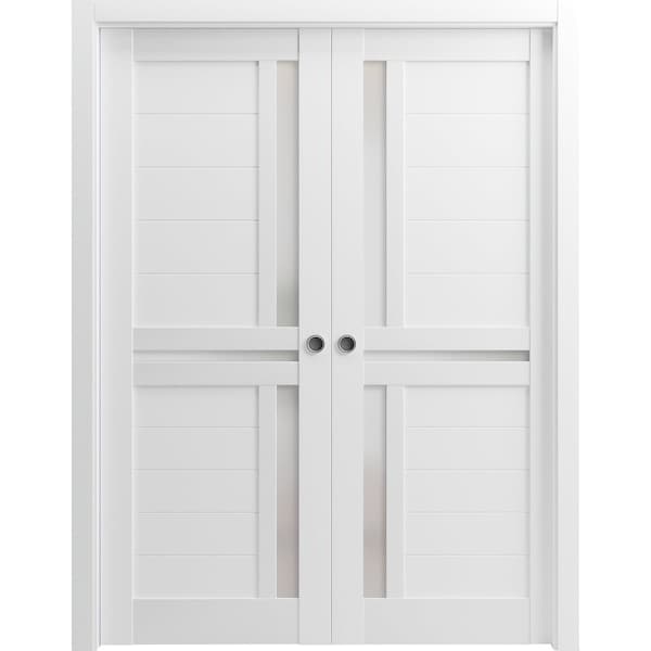 Sartodoors Sliding French Dbl Pocket Doors 72 x 84in, White Silk W/ Frosted Glass, Kit Trims Rail Hardware - VEREGIO7288DP-WS-7284
