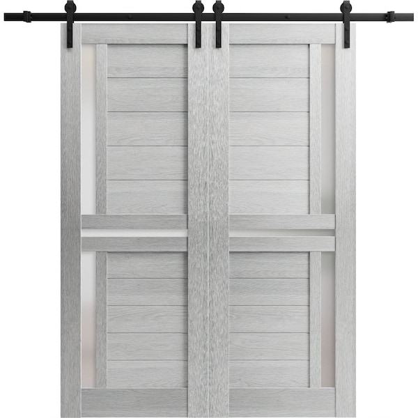 Sartodoors Sturdy Barn Door 32 x 80in, Nebraska Grey W/ Frosted Glass, SS 6.6FT Rail Hangers Heavy Set - QUADRO4445BD-S-NEB-32