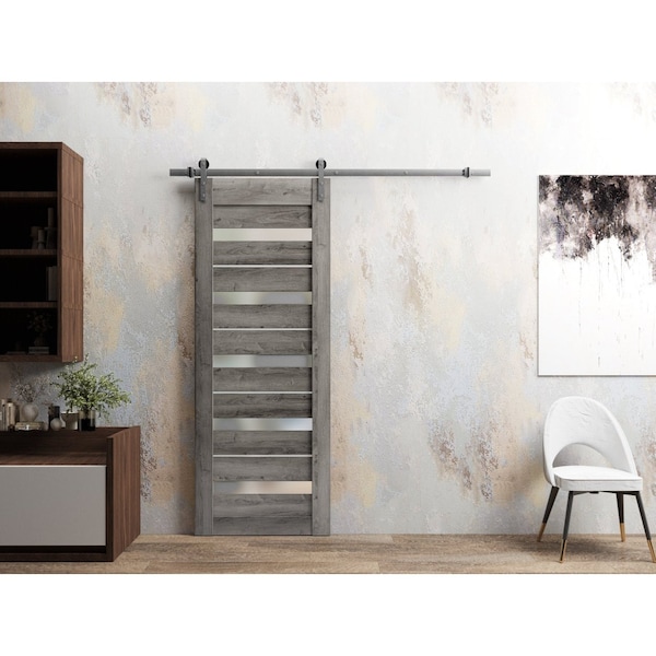 Sartodoors Sturdy Barn Door 32 x 80in, Nebraska Grey W/ Frosted Glass, SS 6.6FT Rail Hangers Heavy Set - QUADRO4445BD-S-NEB-32