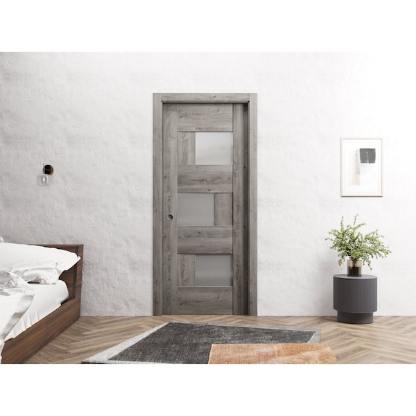 Sartodoors Sliding French Pocket Door 28 x 84in, Nebraska Grey W/ Frosted Glass, Kit Trims Rail Hardware - SETE6933PD-NEB-2884