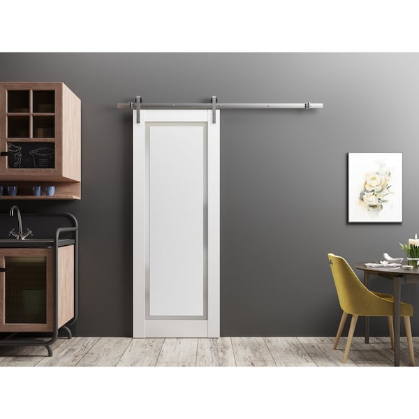 Sartodoors Sturdy Barn Door 42 x 96in, Planum 0888 Painted White W/ Frosted Glass, SS 8FT Rail Hangers Heavy Set - PLANUM0888BD-S-BEM-4296