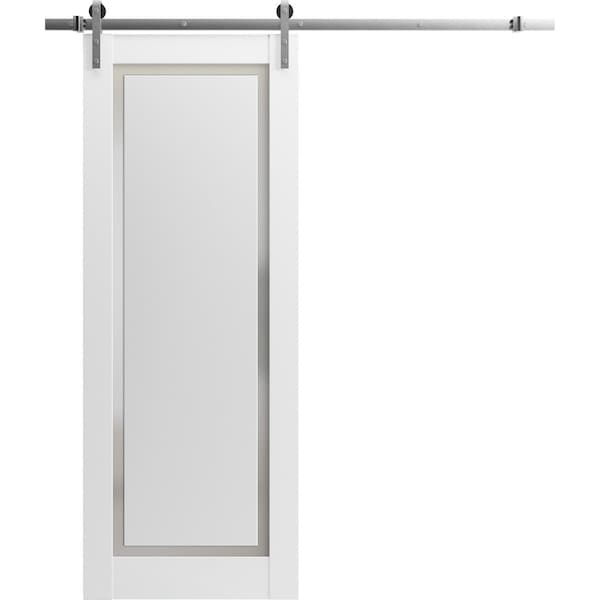 Sartodoors Sturdy Barn Door 42 x 96in, Planum 0888 Painted White W/ Frosted Glass, SS 8FT Rail Hangers Heavy Set - PLANUM0888BD-S-BEM-4296