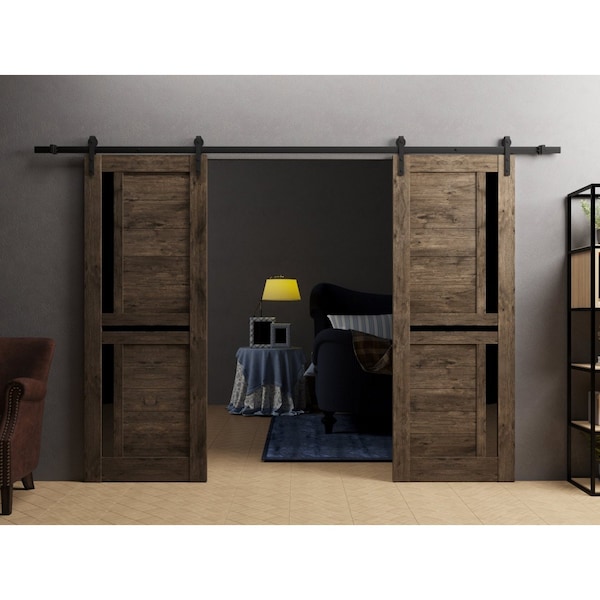 Sartodoors Sturdy Dbl Barn Door 36 x 96in W/, Cognac Oak W/ Black Glass, 13FT Rail Hangers Heavy Set - VEREGIO7588DB-AKA-3696