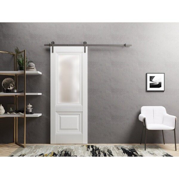Sartodoors Sturdy Barn Door 42 x 96in, Lucia 8822 White Silk W/ Frosted Glass, SS 8FT Rail Hangers Heavy Set - LUCIA8822BD-S-WS-4296