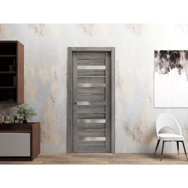 Sartodoors Slab Barn Door Panel 24 x 84in, Nebraska Grey W/ Frosted Glass, Pocket Closet Sliding - QUADRO4445S-NEB-2484