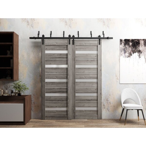 Sartodoors Slab Barn Door Panel 24 x 84in, Nebraska Grey W/ Frosted Glass, Pocket Closet Sliding - QUADRO4445S-NEB-2484