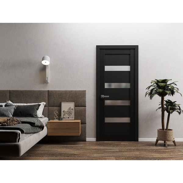 Sartodoors Solid French Door 18 x 84in, Matte Black Frosted Glass, Single Regular Panel Frame Trims Handle - QUADRO4113ID-BLK-1884
