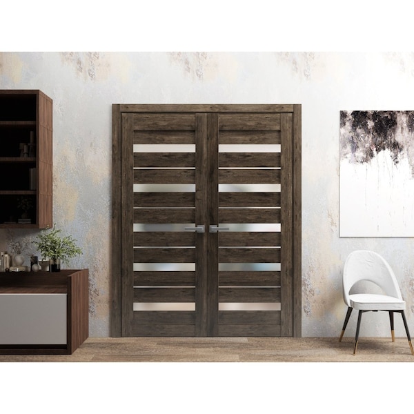 Sartodoors Solid French Double Doors 84 x 80in, Quadro 4445 Cognac Oak W/ Frosted Glass - QUADRO4445DD-AKA-84