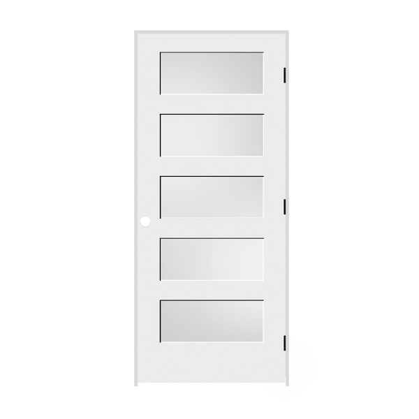 Codel Doors 30"x80"x1-3/8" Primed 5-Panel Equal Panel w/White Lami Glass Interior Shaker 7-1/4" LH Prehung Door - 2668PRI8405GLLH1D714
