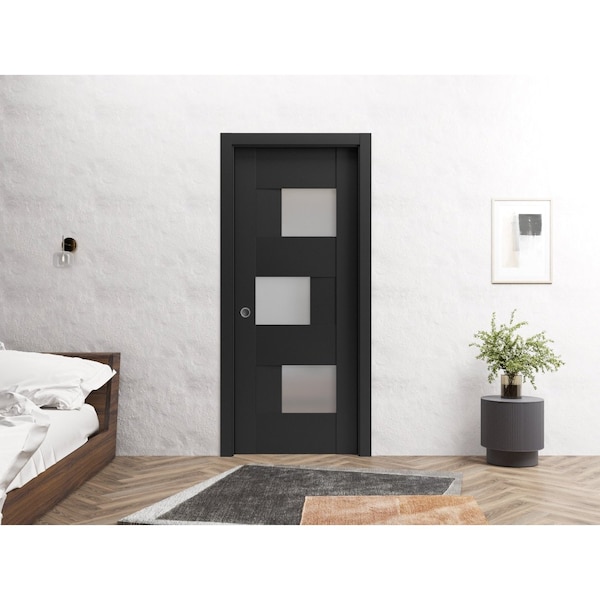 Sartodoors Slab Barn Door Panel 30 x 80in, Matte Black Frosted Glass, Pocket Closet Sliding - SETE6933S-BLK-30