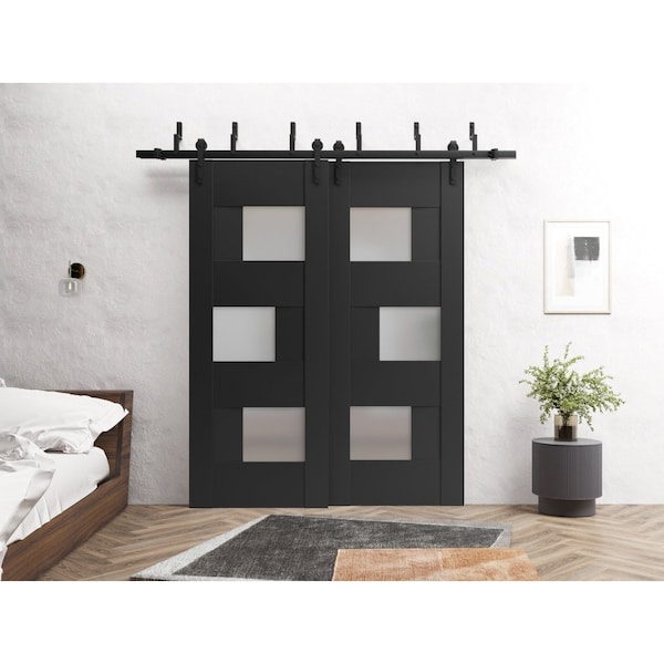 Sartodoors Slab Barn Door Panel 30 x 80in, Matte Black Frosted Glass, Pocket Closet Sliding - SETE6933S-BLK-30