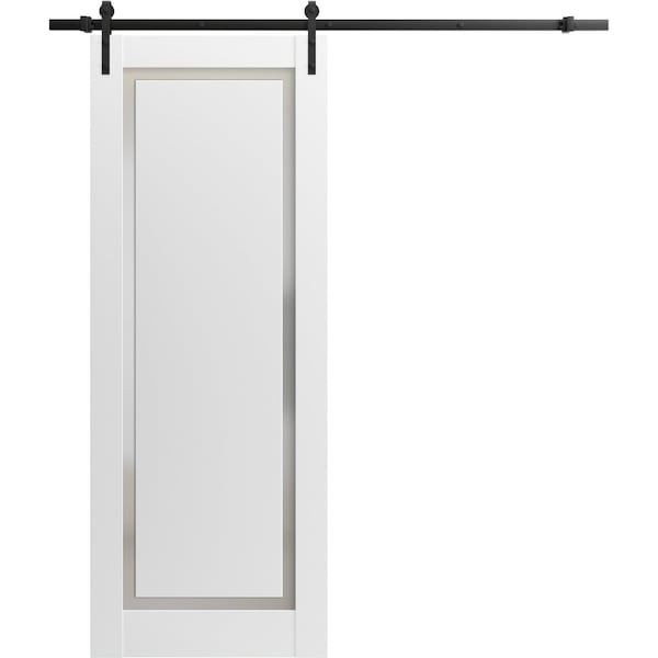 Sartodoors Sturdy Barn Door 42 x 96in, Painted White W/ Frosted Glass, 8FT Rail Hangers Heavy Hardware Set - PLANUM0888BD-B-BEM-4296