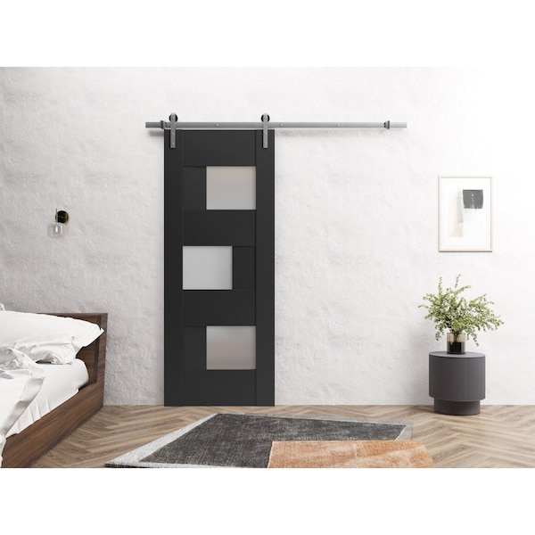 Sartodoors Sturdy Barn Door 18 x 80in, Sete 6933 Matte Black W/ Frosted Glass, SS 6.6FT Rail Hangers Heavy Set - SETE6933BD-S-BLK-18